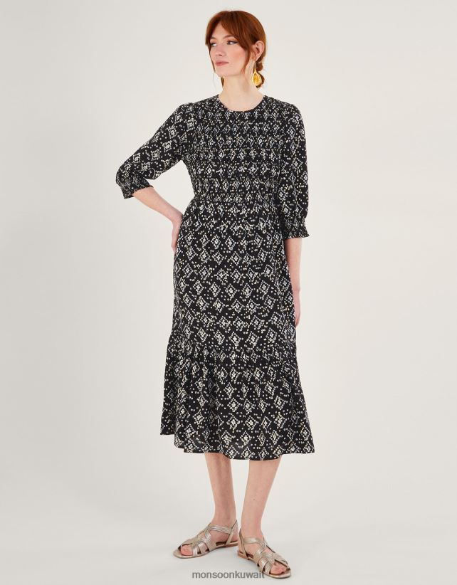 فستان بطبعة هندسية وأكمام 3/4 من لينزينغ إيكوفيرو ملابس أسود Monsoon نحيف N4BV8X1046 - Monsoon kuwait avenues
