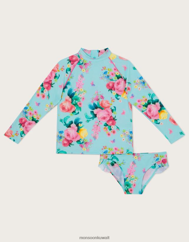 Monsoon UAE - طقم سباحة مكون من قطعتين مزين بالزهور مع حماية من الأشعة فوق البنفسجية 50+ ملابس الأزرق (الفيروز) Monsoon بنت N4BV8X2017