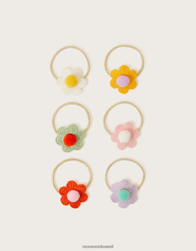 Monsoon Kuwait - ربطات شعر على شكل زهرة كروشيه بوم بوم، 6 قطع ملحق حار Monsoon بنت N4BV8X2569