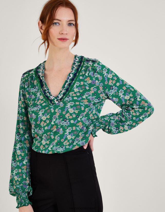 قميص جيرسي مزين بنقشة Ditsy ملابس أخضر Monsoon نحيف N4BV8X569 - Monsoon children