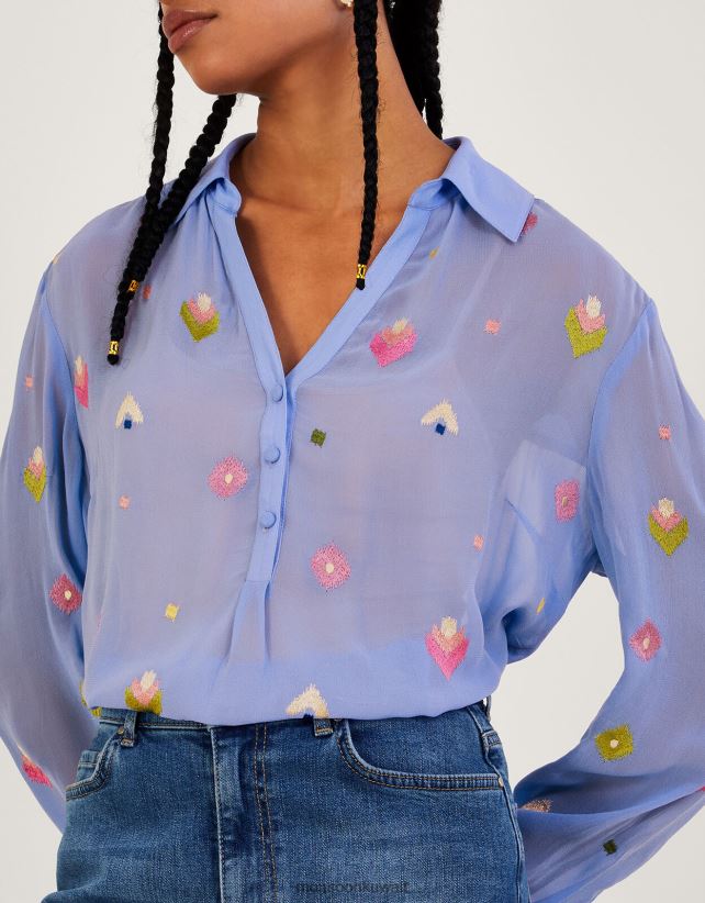 Monsoon UAE - بلوزة Gael مطرزة من الفيسكوز المستدام ملابس أزرق Monsoon نحيف N4BV8X982