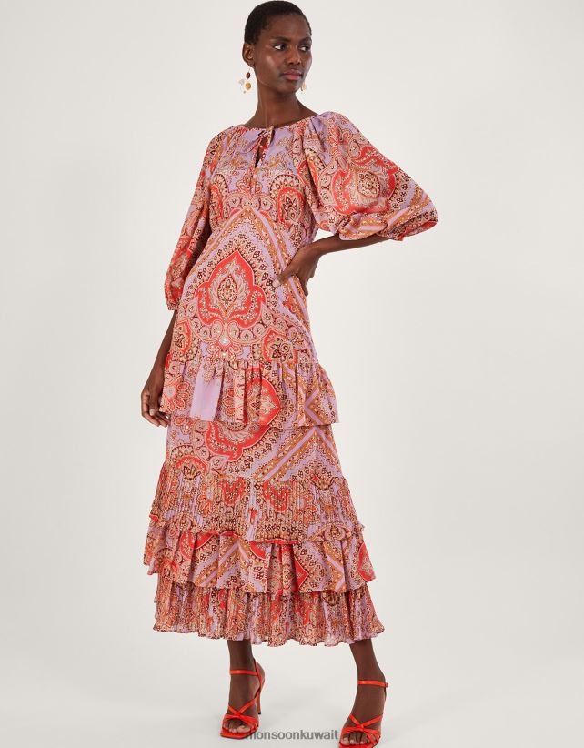 فستان Laetita طويل بطبقات ومطبوع من البوليستر المعاد تدويره ملابس الأرجواني (أرجواني) Monsoon نحيف N4BV8X905 - Monsoon kuwait avenues