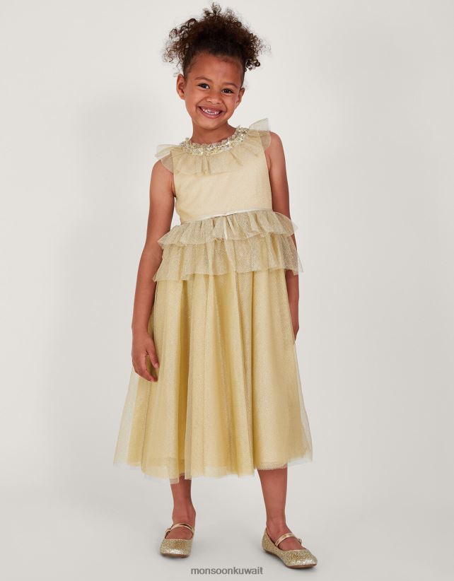 فستان ماكسي شبكي مكشكش من Land of Wonder Alexandra ملابس ذهب Monsoon بنت N4BV8X1950 - Monsoon kuwait avenues