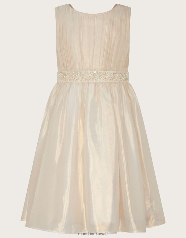 فستان من Land of Wonder مصنوع من الأورجانزا اللامع وحزام على الخصر مزين بالخرز ملابس طبيعي (الشمبانيا) Monsoon بنت N4BV8X1861 - Monsoon online customer service