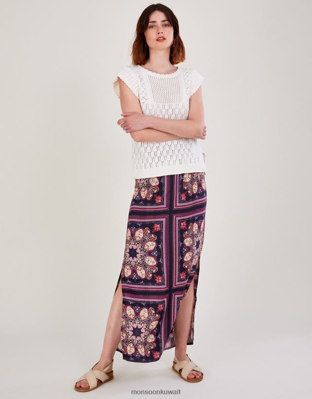 Monsoon UAE - تنورة بطبعة ميدالية وفتحة جانبية من تصميم Lenzing Ecovero ملابس الأزرق الداكن) Monsoon نحيف N4BV8X2783