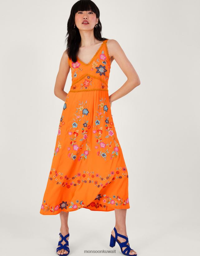 فستان كامي مطرز بالزهور من Liyana مصنوع من الفيسكوز المستدام ملابس البرتقالي Monsoon نحيف N4BV8X243 - Monsoon children