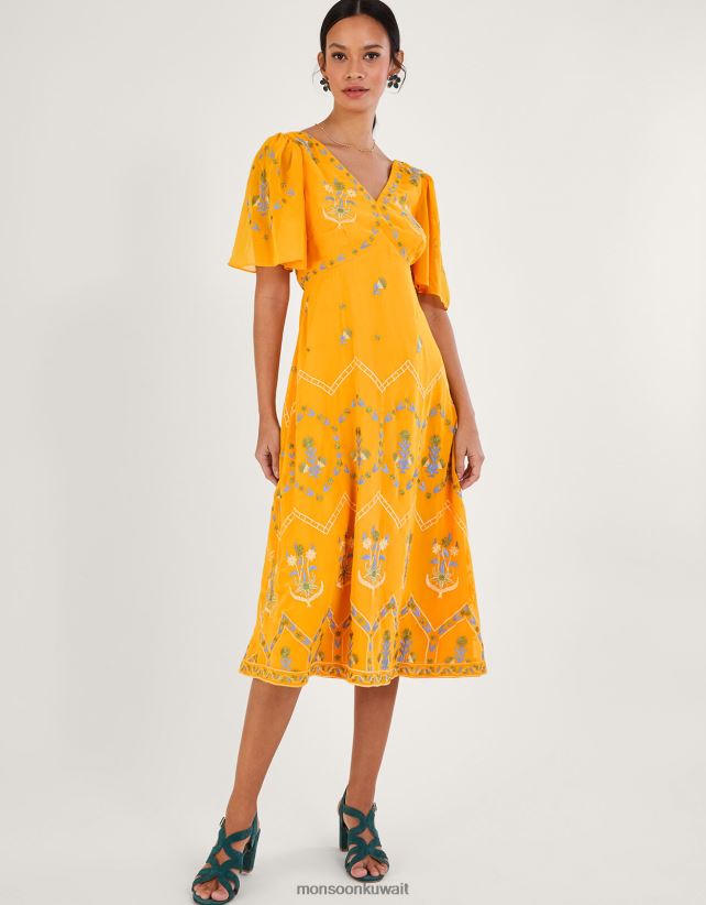 Monsoon Kuwait - فستان شاي مطرز من Margo من البوليستر المعاد تدويره ملابس أصفر Monsoon نحيف N4BV8X741
