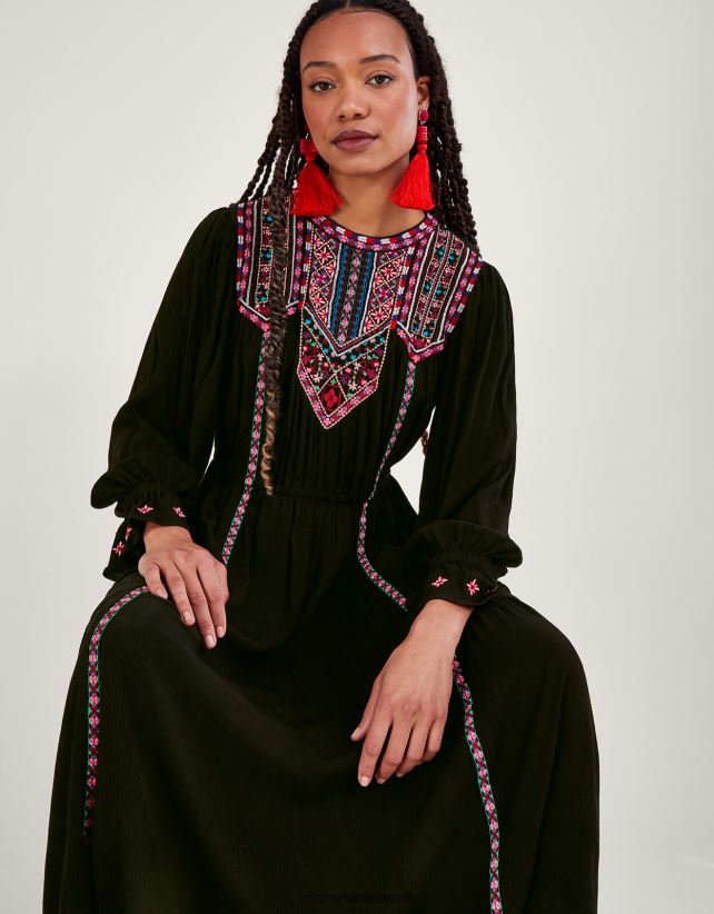 Monsoon UAE - فستان ماكسي مطرز بالنيون ملابس أسود Monsoon نحيف N4BV8X10