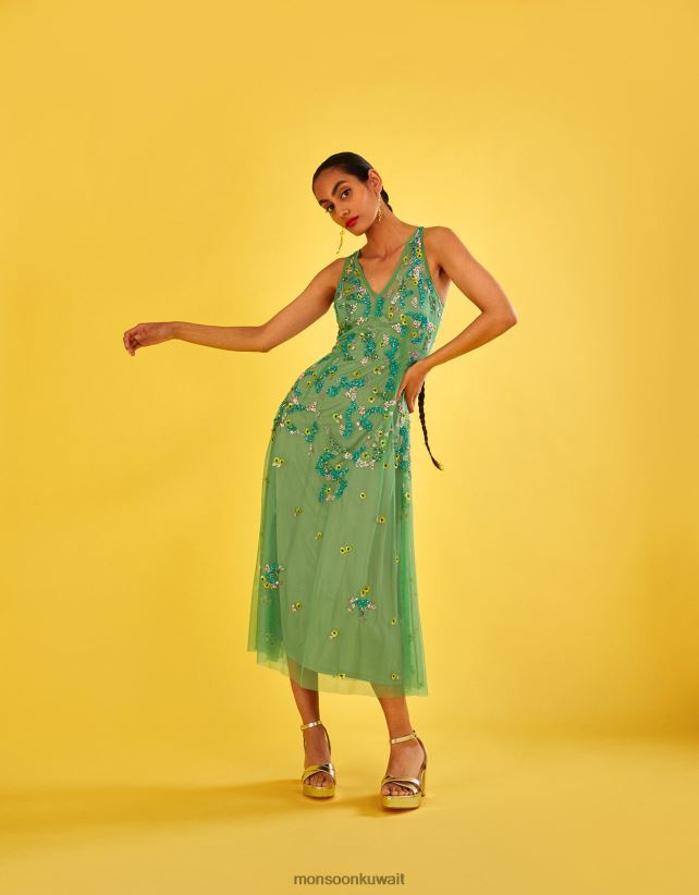 فستان أماندا متوسط ​​الطول مزين بالبوليستر المعاد تدويره ملابس أخضر Monsoon نحيف N4BV8X1000 - Monsoon online customer service