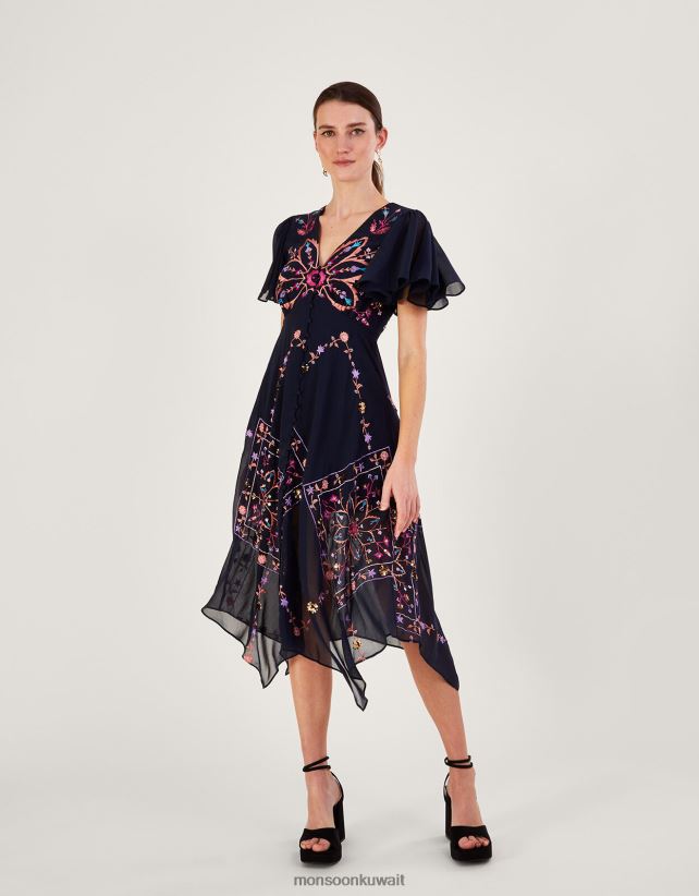 Monsoon UAE - فستان بريتاني مطرز من البوليستر المعاد تدويره ملابس الأزرق الداكن) Monsoon نحيف N4BV8X1011