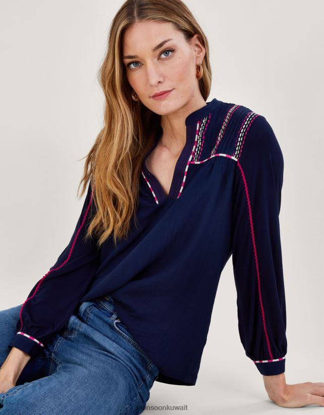 Monsoon Kuwait - قميص جيرسي بأكمام شريطية مطرزة ملابس الأزرق الداكن) Monsoon نحيف N4BV8X1037