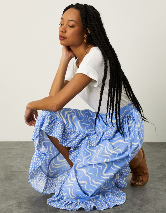 Monsoon UAE - تنورة ميدي بطبعة موجة ملفوفة ملابس أزرق Monsoon نحيف N4BV8X1057