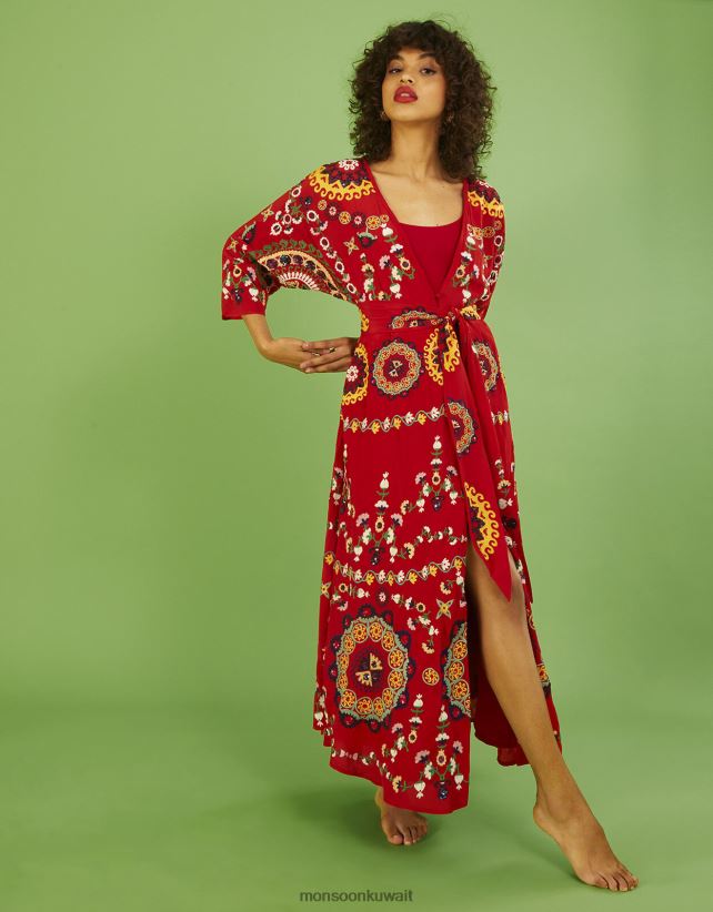 Monsoon accessorize - فستان جنيفر كيمونو مزين يدوياً ملابس أحمر Monsoon نحيف N4BV8X1063