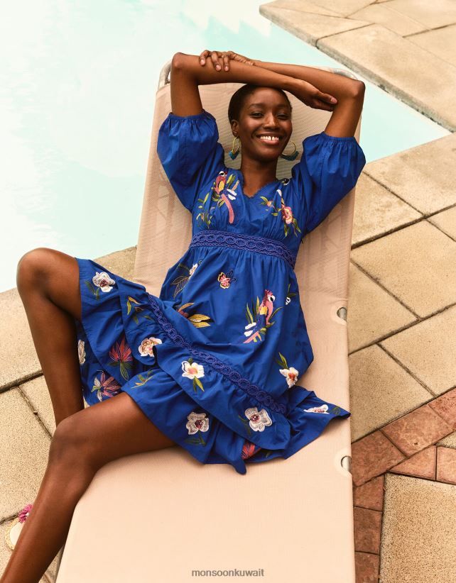 فستان إيلي مطرز بحاشية ذات طبقات ملابس الأزرق (الكوبالت) Monsoon نحيف N4BV8X1068 - Monsoon children