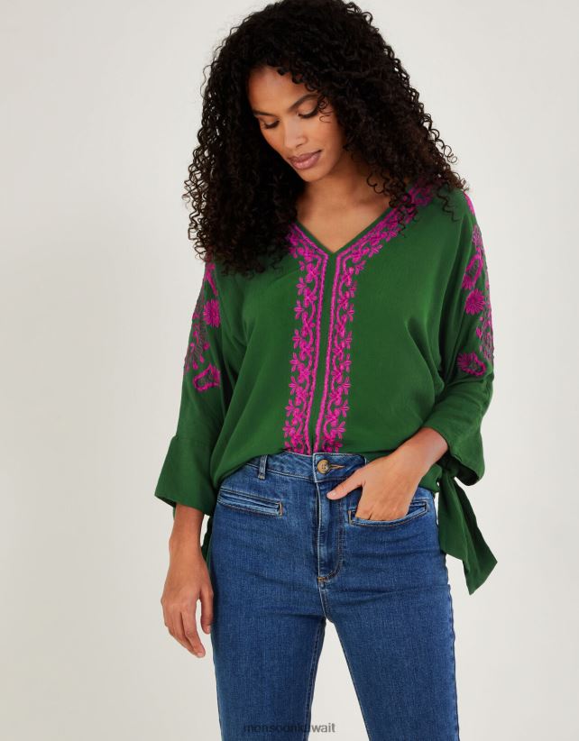 Monsoon UAE - بلوزة "كريستينا" مطرزة من الفيسكوز المستدام ملابس أخضر Monsoon نحيف N4BV8X1077