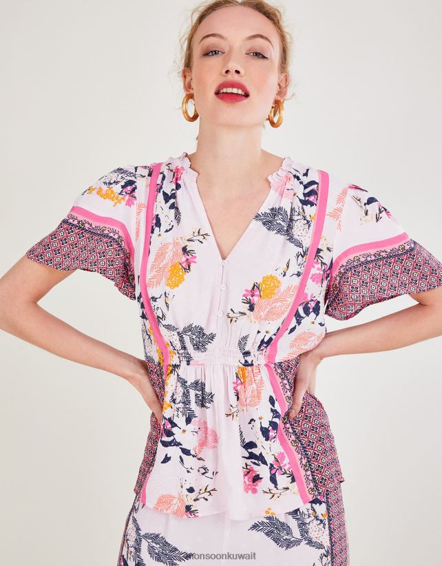 Monsoon accessorize - بلوزة بطبعة فيدرا من الفيسكوز المستدام ملابس الوردي (احمر الخدود) Monsoon نحيف N4BV8X1078