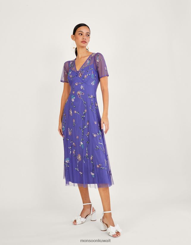 Monsoon Kuwait - فستان كاثي متوسط ​​الطول مزين بالبوليستر المعاد تدويره ملابس أزرق Monsoon نحيف N4BV8X1088
