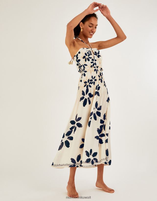 Monsoon accessorize - فستان برقبة رسن وطبعة زهور تجريدية ملابس عاج Monsoon نحيف N4BV8X1098