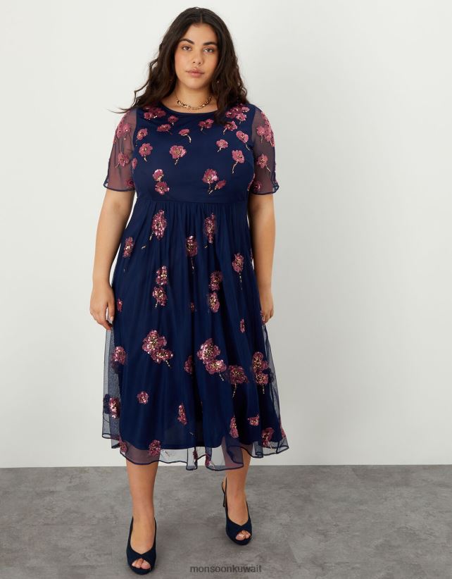 Monsoon محل - فستان متوسط ​​الطول مزين بالياقوت من البوليستر المعاد تدويره ملابس الأزرق الداكن) Monsoon نحيف N4BV8X1100