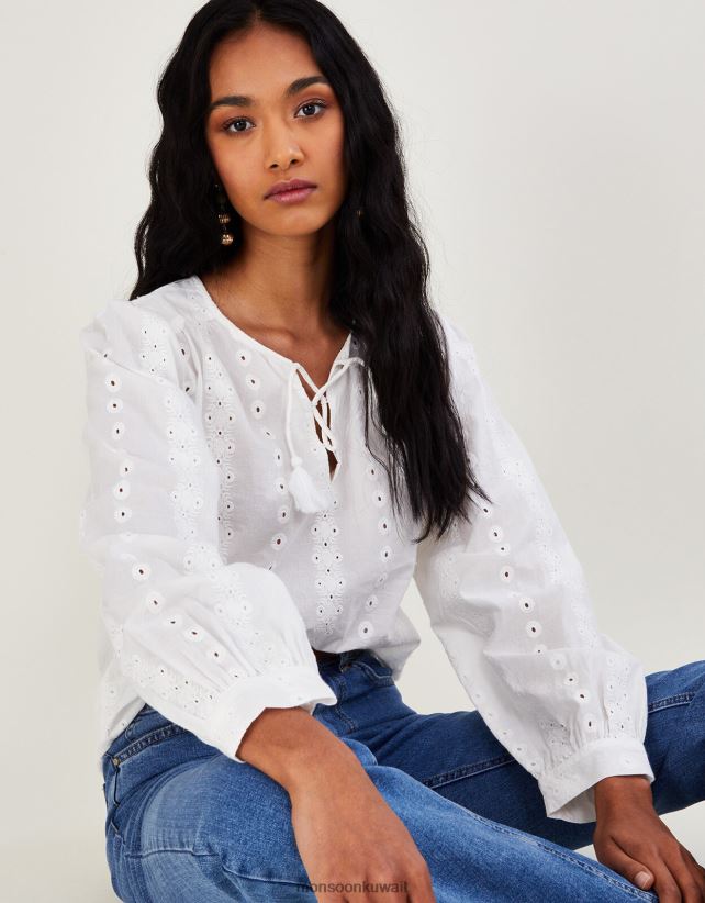 بلوزة بأكمام طويلة مطرزة من شيفلي ملابس أبيض Monsoon نحيف N4BV8X1112 - Monsoon children