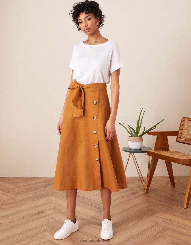 تنورة ميدي بأزرار وهمية ملابس الجمل (الكراميل) Monsoon نحيف N4BV8X1132 - Monsoon kuwait online shopping