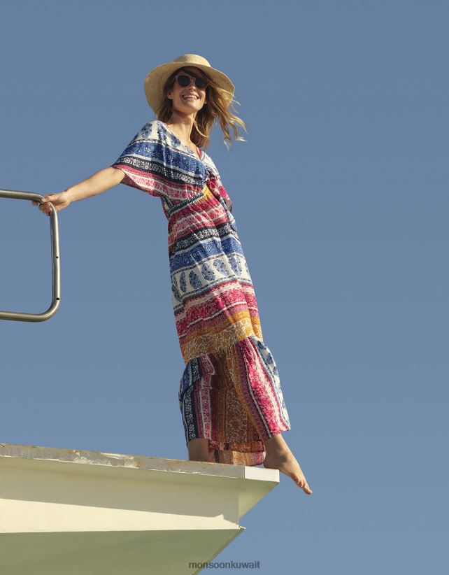 Monsoon محل - فستان روبرت ماكسي مخطط بنقشة الزهور في لينزينغ إيكوفيرو ملابس أزرق Monsoon نحيف N4BV8X1154