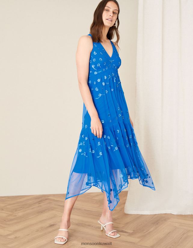 فستان كارميلا بحاشية منديل مزين بالترتر ملابس أزرق Monsoon نحيف N4BV8X1159 - Monsoon kuwait online shopping