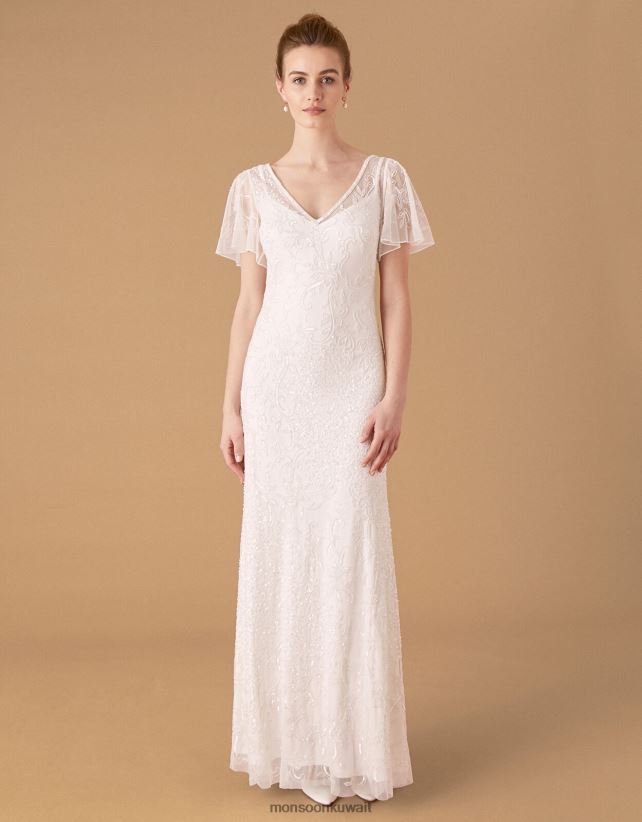 فستان زفاف بأكمام رفرفة منمق كيتي ملابس عاج Monsoon نحيف N4BV8X1160 - Monsoon children