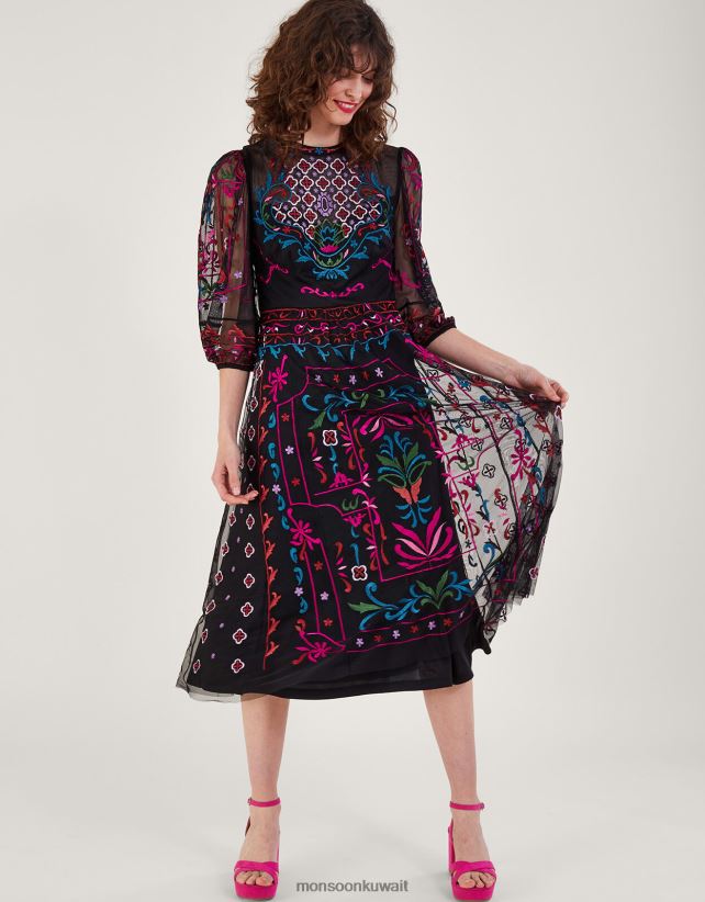 Monsoon Kuwait - مادي فستان الشاي المطرز ملابس أسود Monsoon نحيف N4BV8X12