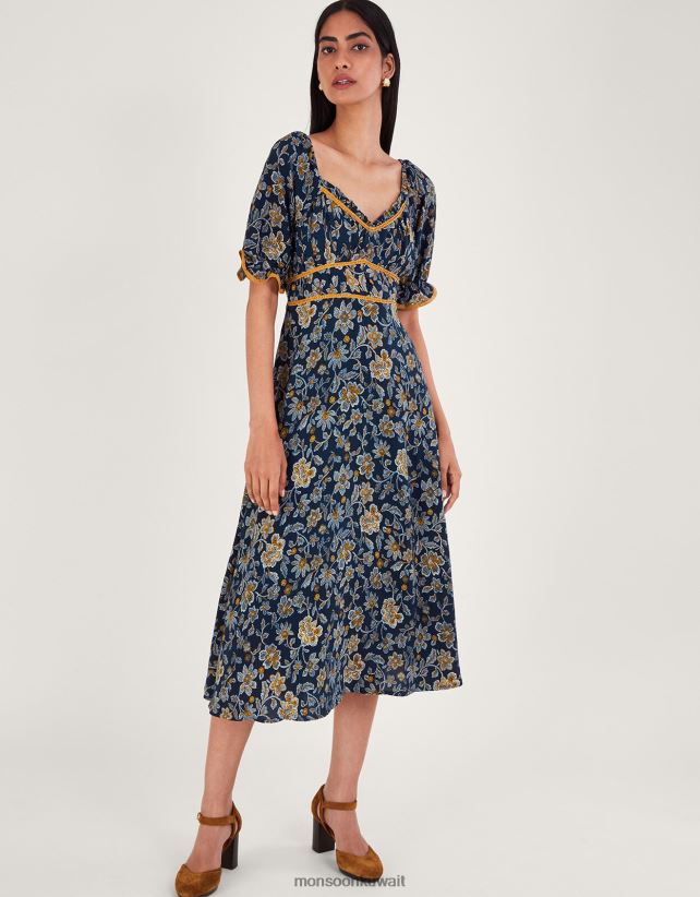 Monsoon UAE - فستان زهرة منقط ملابس الأزرق الداكن) Monsoon نحيف N4BV8X126