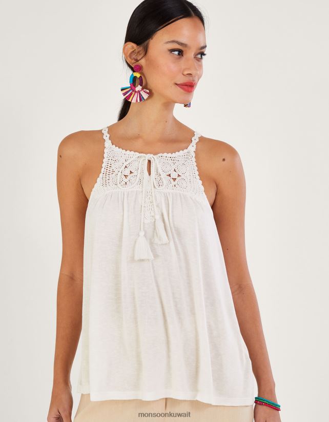 Monsoon محل - كامي جيرسي مزخرف بالكروشيه ملابس عاج Monsoon نحيف N4BV8X156