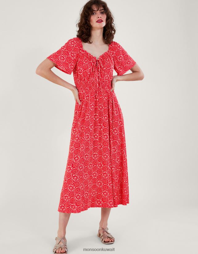 Monsoon معنى - فستان بطباعة هندسية ملابس أحمر Monsoon نحيف N4BV8X165