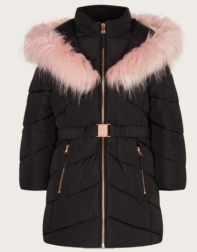 Monsoon UAE - معطف بغطاء رأس من الفرو الصناعي بحزام ملابس أسود Monsoon بنت N4BV8X1691