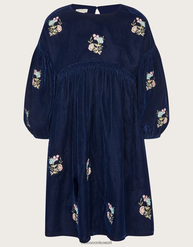 Monsoon Kuwait - فستان مخملي مطرز ملابس الأزرق الداكن) Monsoon بنت N4BV8X1693