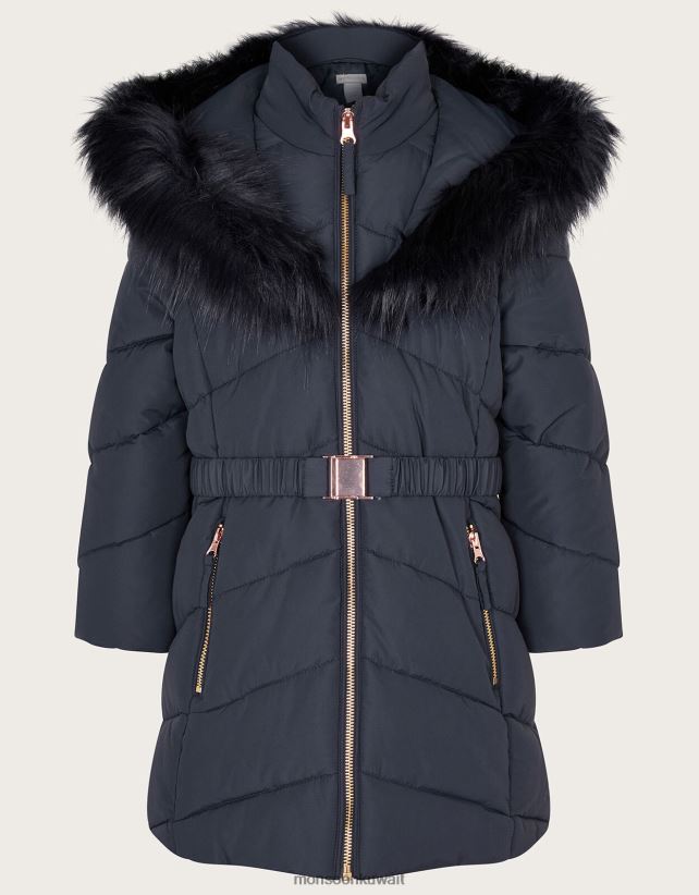 معطف بغطاء رأس من الفرو الصناعي بحزام ملابس الأزرق الداكن) Monsoon بنت N4BV8X1698 - Monsoon children