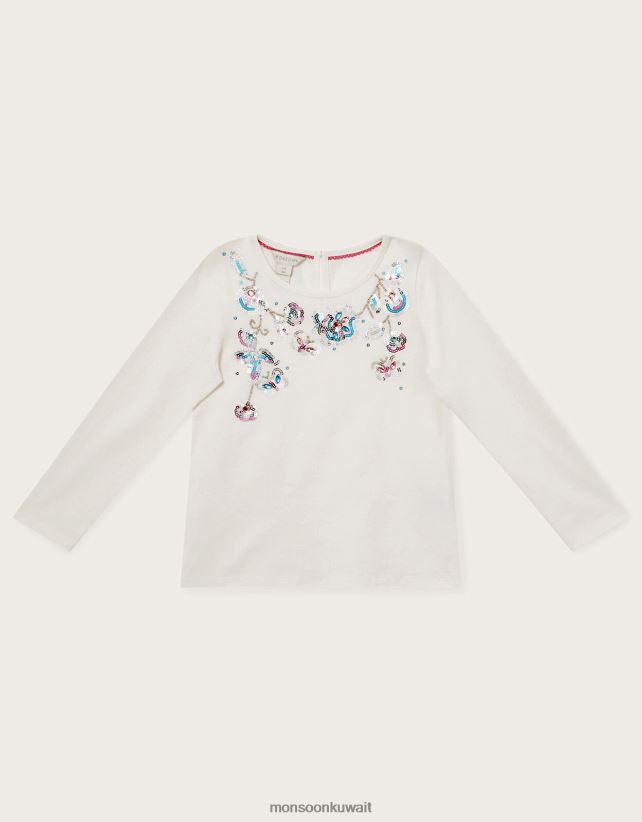 Monsoon Kuwait - قمة طويلة الأكمام بالترتر الزهري ملابس عاج Monsoon بنت N4BV8X1766