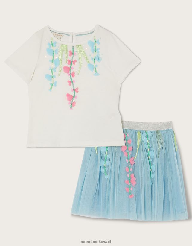 Monsoon محل - طقم تنورة وتنورة بنقشة زهور ديسكو ملابس أزرق Monsoon بنت N4BV8X1793