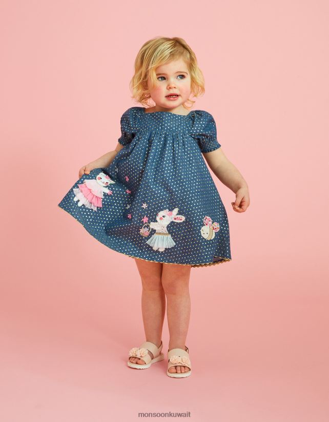 Monsoon Kuwait - فستان شامبراي ذو شخصية من رقائق الفويل للأطفال ملابس أزرق Monsoon بنت N4BV8X2142