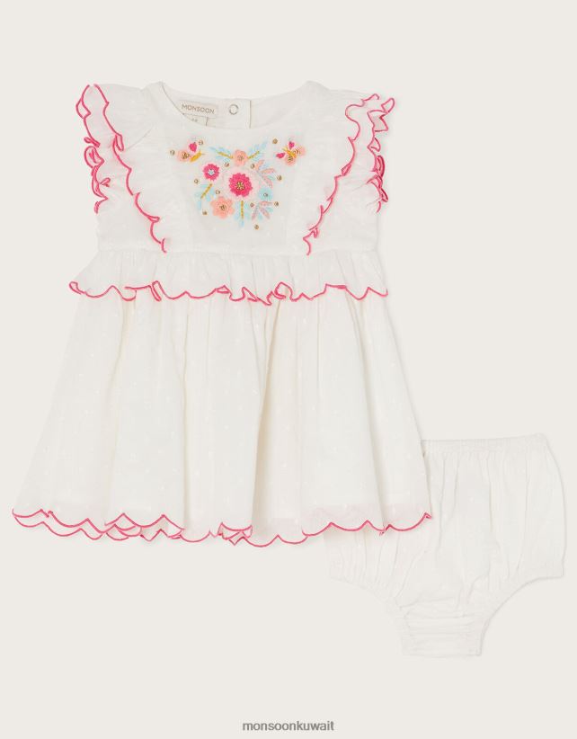 Monsoon محل - طقم فستان وسروال داخلي مطرز لحديثي الولادة ملابس عاج Monsoon أطفال N4BV8X2163