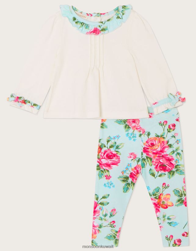 طقم علوي بياقة جيرسيه زهور وبنطلون ضيق مطبوع لحديثي الولادة ملابس الأزرق (أكوا) Monsoon أطفال N4BV8X2166 - Monsoon children