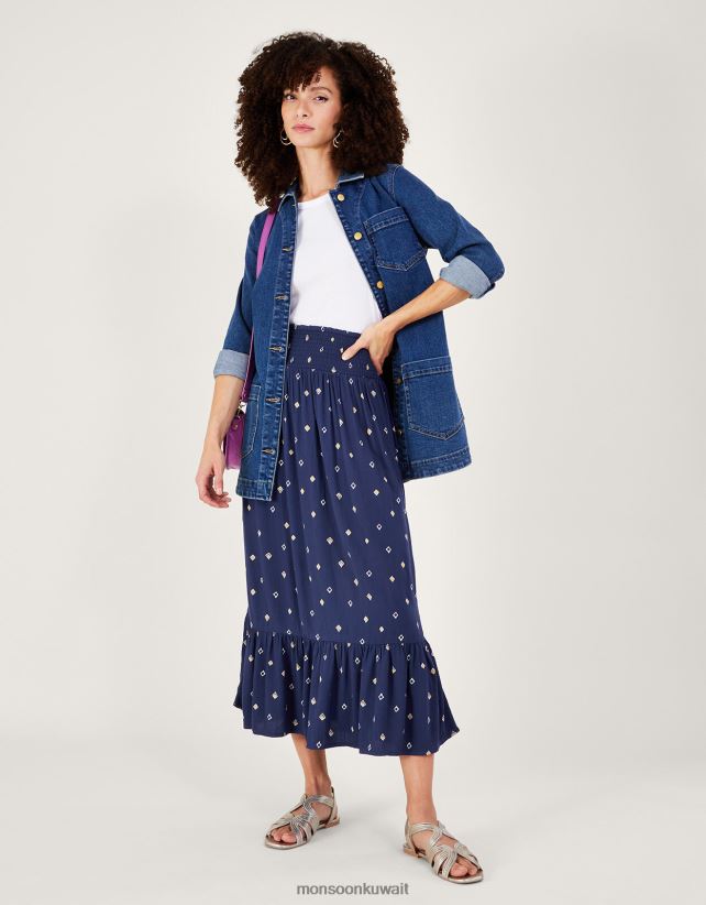 Monsoon معنى - تنورة طويلة بطبعة زخارف من لينزينغ إيكوفيرو ملابس الأزرق الداكن) Monsoon نحيف N4BV8X217