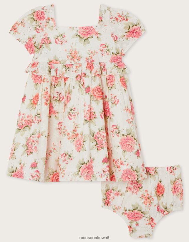 Monsoon Kuwait - طقم فستان وملابس داخلية مطرزة بالزهور الوردية لحديثي الولادة ملابس برتقالي (مرجاني) Monsoon أطفال N4BV8X2171