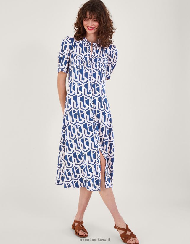 Monsoon UAE - فستان قميص بطبعة هندسية من تصميم ريزولي ملابس الأزرق (الكوبالت) Monsoon نحيف N4BV8X223