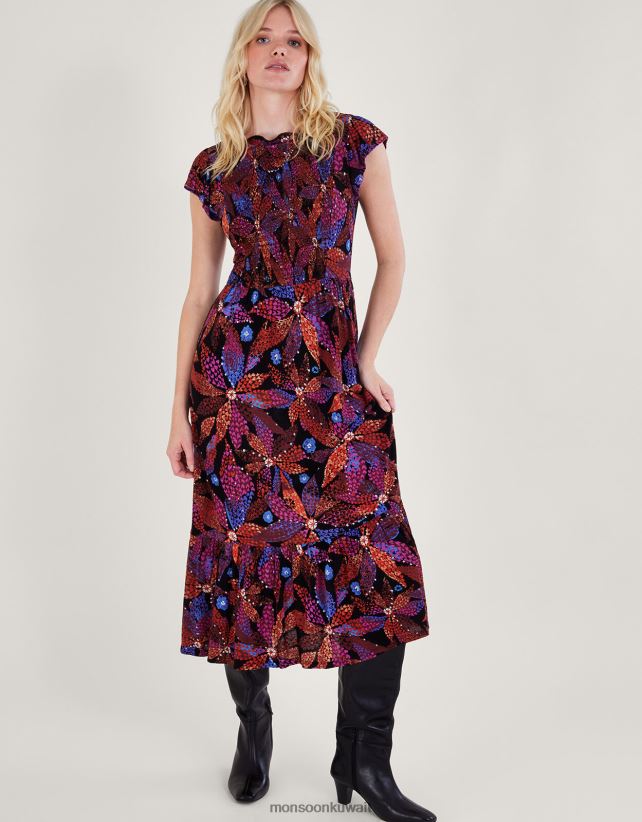 Monsoon محل - فستان زهري مكشكش في لينزينغ إيكوفيرو ملابس أسود Monsoon نحيف N4BV8X233