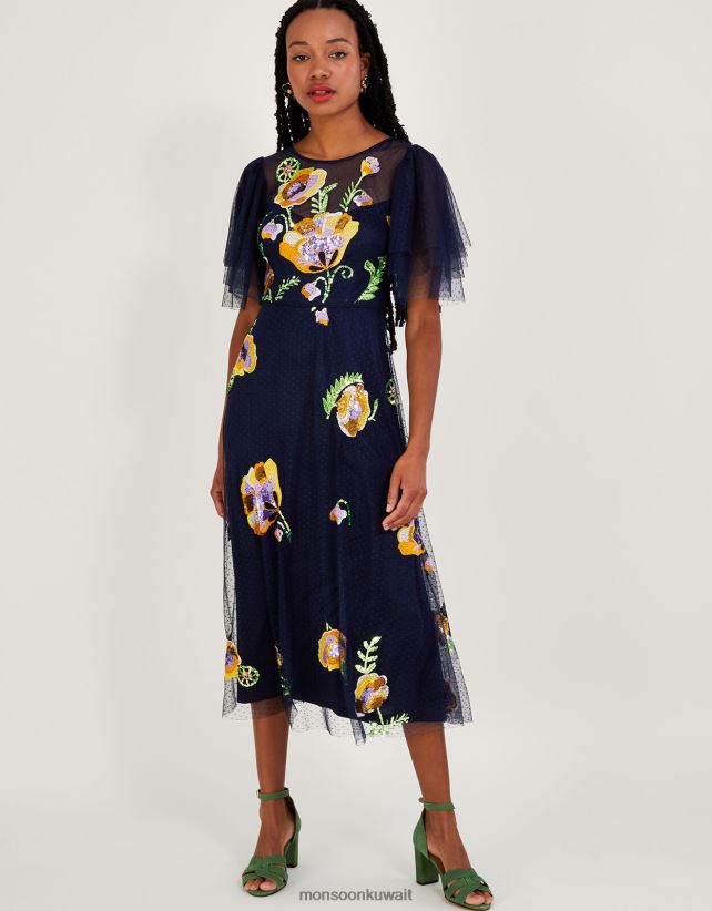 Monsoon محل - فستان كلوديا ميدي مزين ملابس الأزرق الداكن) Monsoon نحيف N4BV8X239