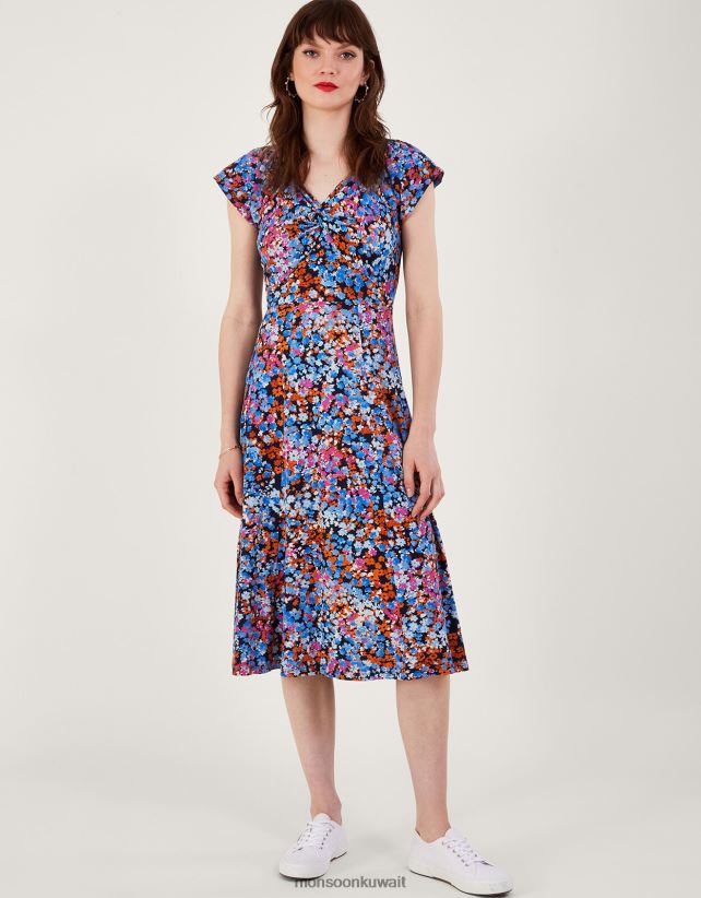 فستان جيرسيه بطبعة زهور وتفاصيل ملتوية ملابس الأزرق الداكن) Monsoon نحيف N4BV8X255 - Monsoon children