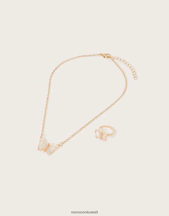 Monsoon محل - طقم قلادة وخاتم على شكل فراشة ملحق أنيق Monsoon بنت N4BV8X2556