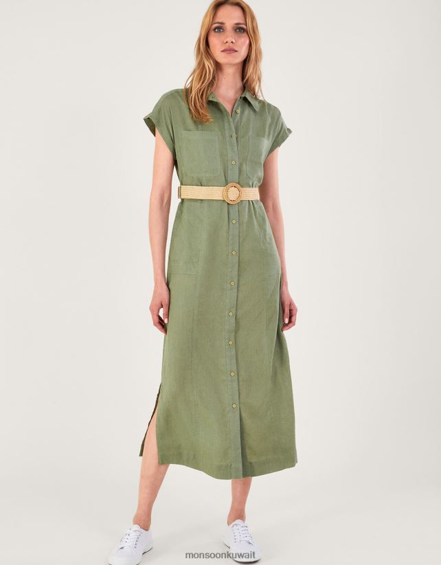 Monsoon accessorize - فستان ميدي بحزام من مزيج الكتان ملابس الأخضر (الكاكي) Monsoon نحيف N4BV8X269