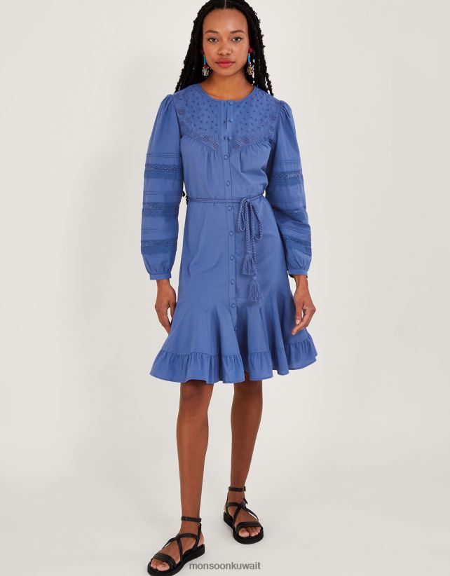 فستان بتفاصيل مطرزة من القطن المستدام ملابس أزرق Monsoon نحيف N4BV8X276 - Monsoon kuwait online shopping