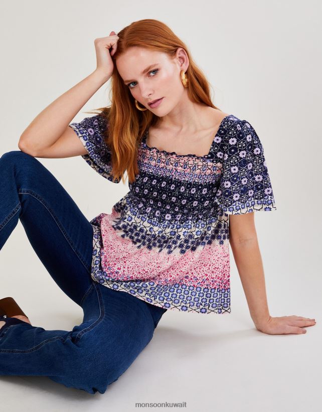 Monsoon UAE - قميص جيرسي مزين بطبعات زهور من القطن المستدام ملابس أزرق Monsoon نحيف N4BV8X2786